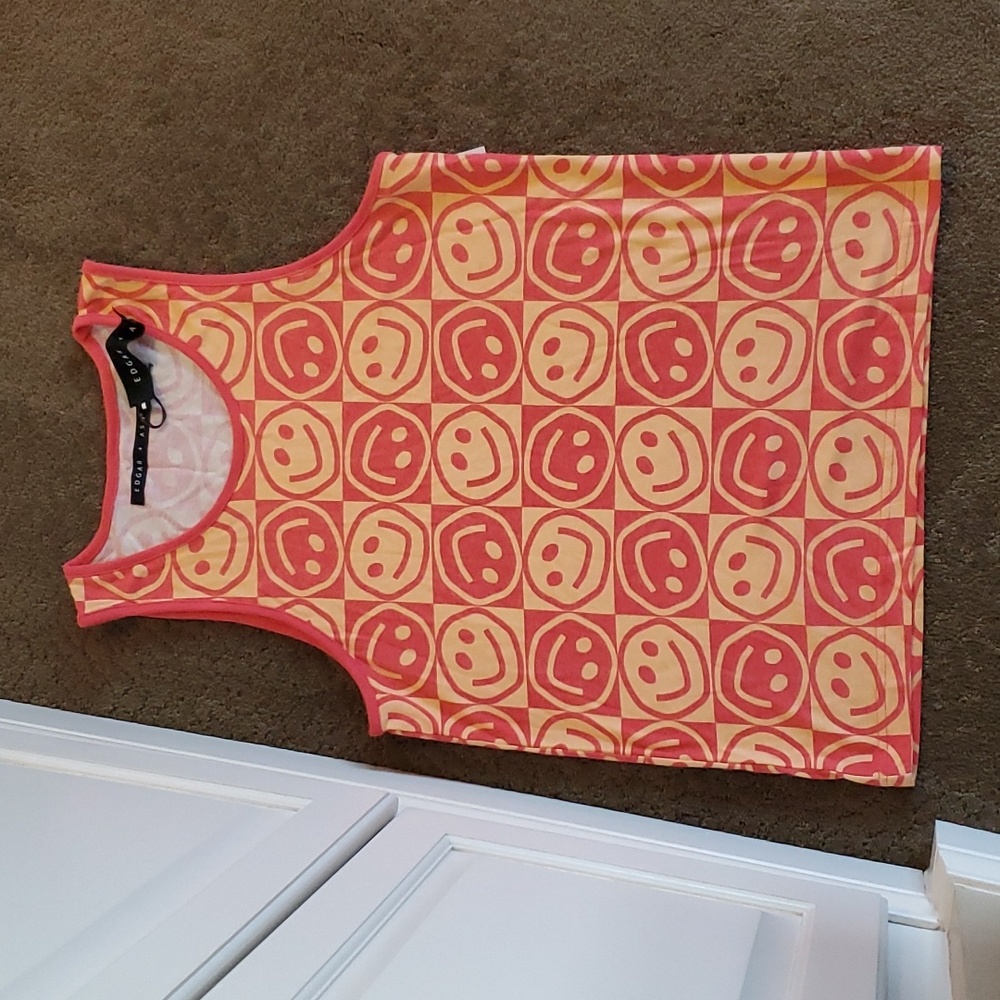 Mens Edgar +Ash Smiley Face Tank Top Size S M L XL 2X Coral Peach Happy NWT